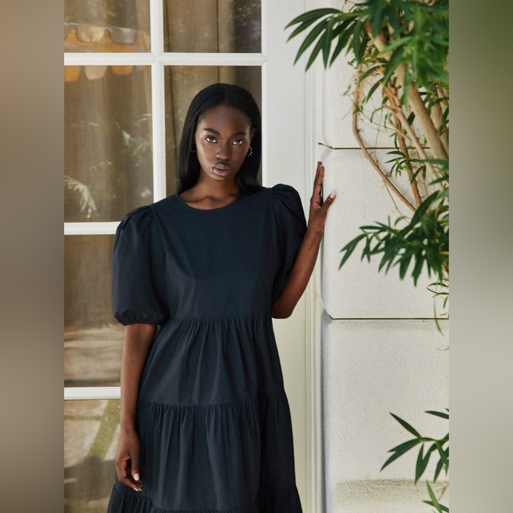 Zara Black Puff Sleeve Tiered‎ Popli Mini Dress Size Small